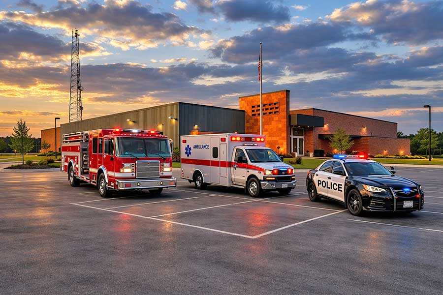 Emergency vehicles parked outside in parking lot